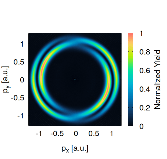 Representative photoelectron momentum distribution showing the probability density of finding the ionized electron at different momenta